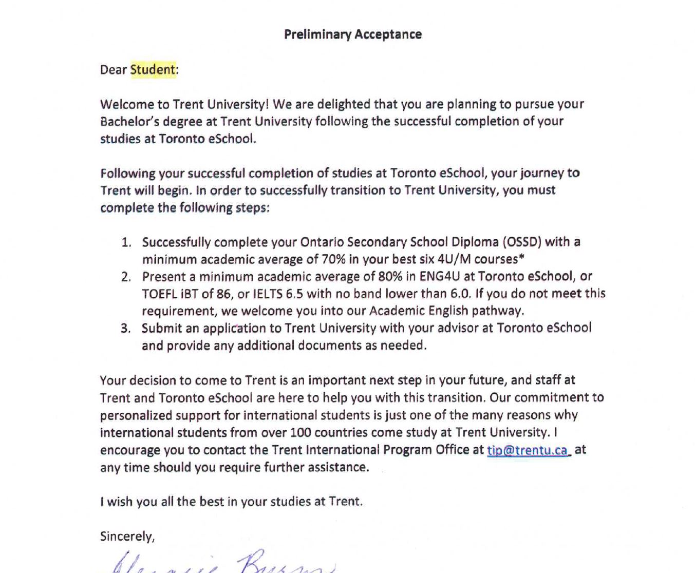 Trent Univ Preliminary Acceptance Letter