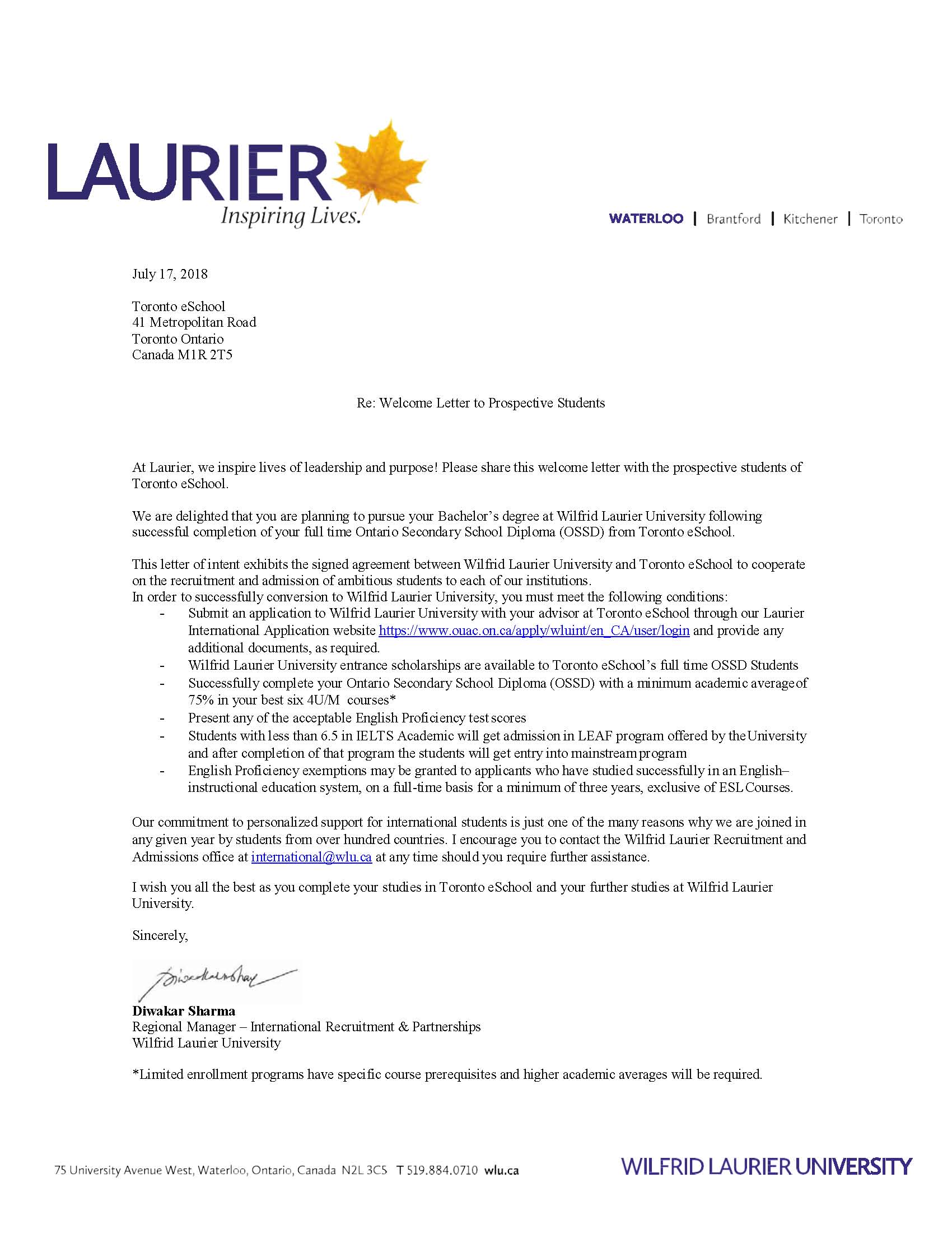 Laurier University Welcome Letter