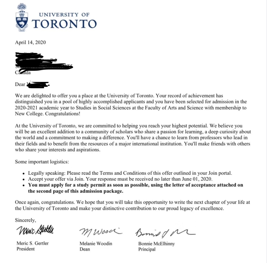 University of Toronto Offer 2020