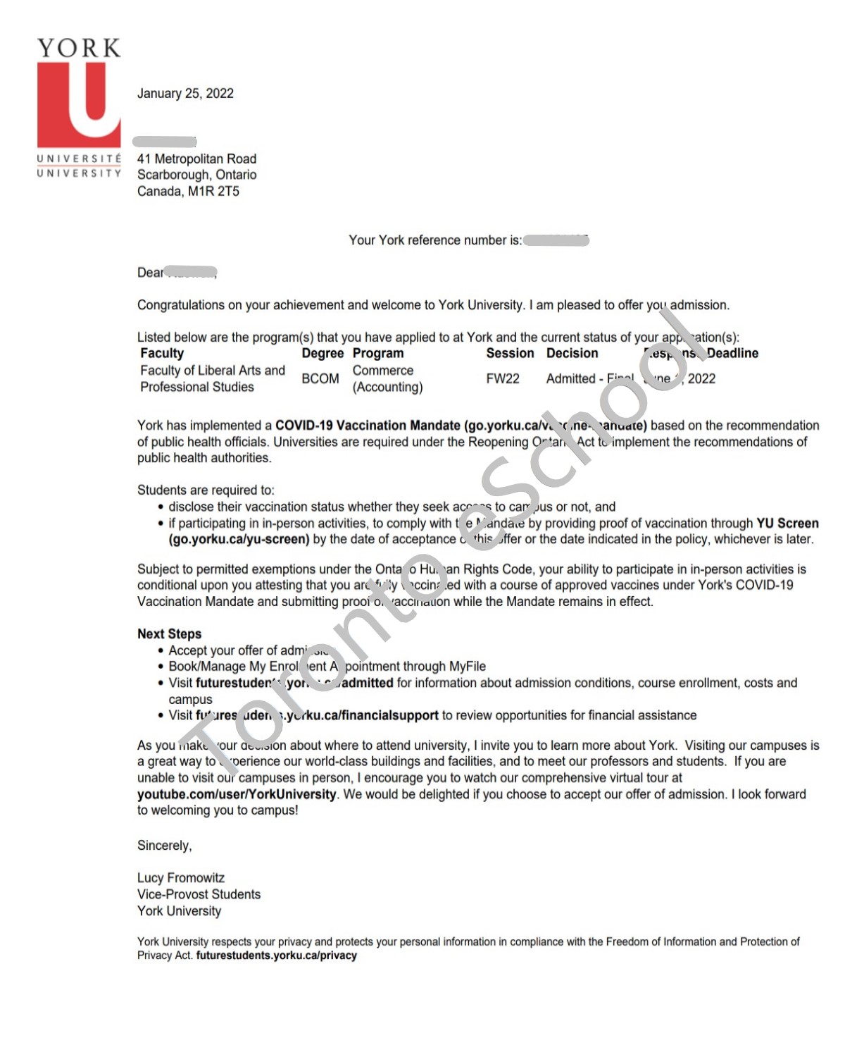 York University Offer BCOM 2022