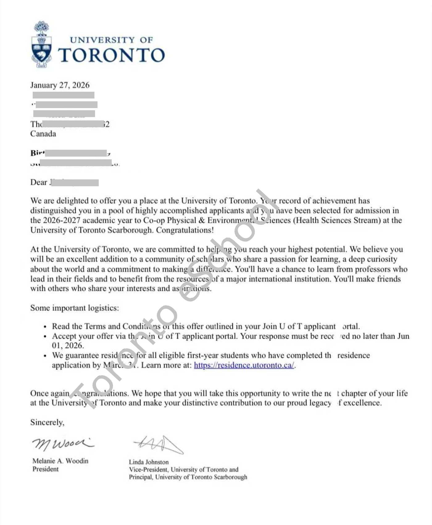 University of Toronto Offer