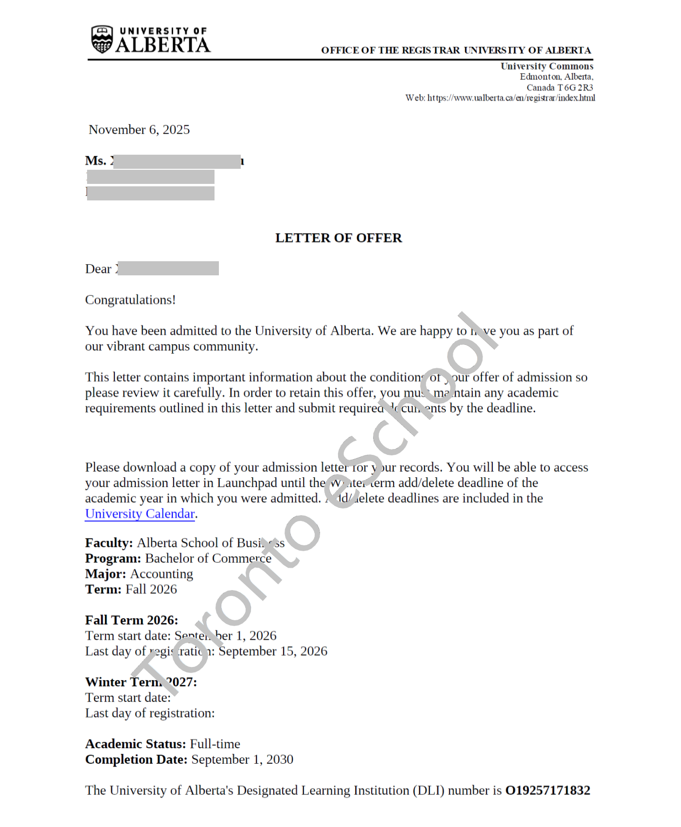 University of Alberta Offer