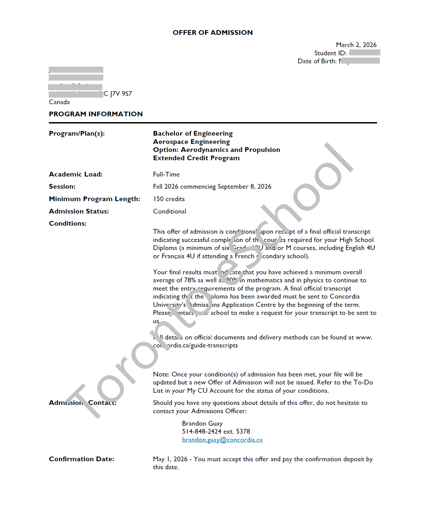 Concordia University Engineerin Offer2