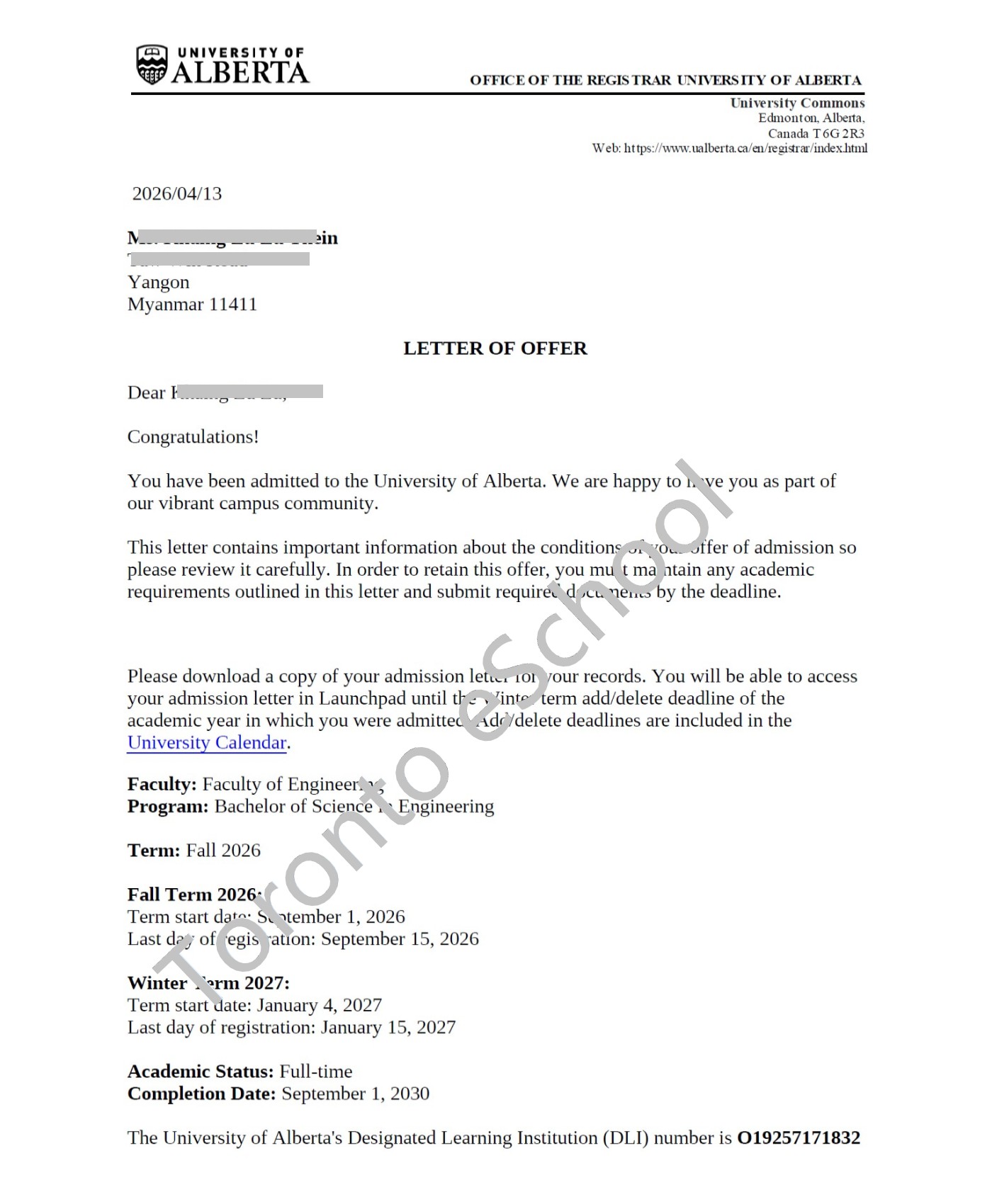 University of Alberta Engineering Offer-TES