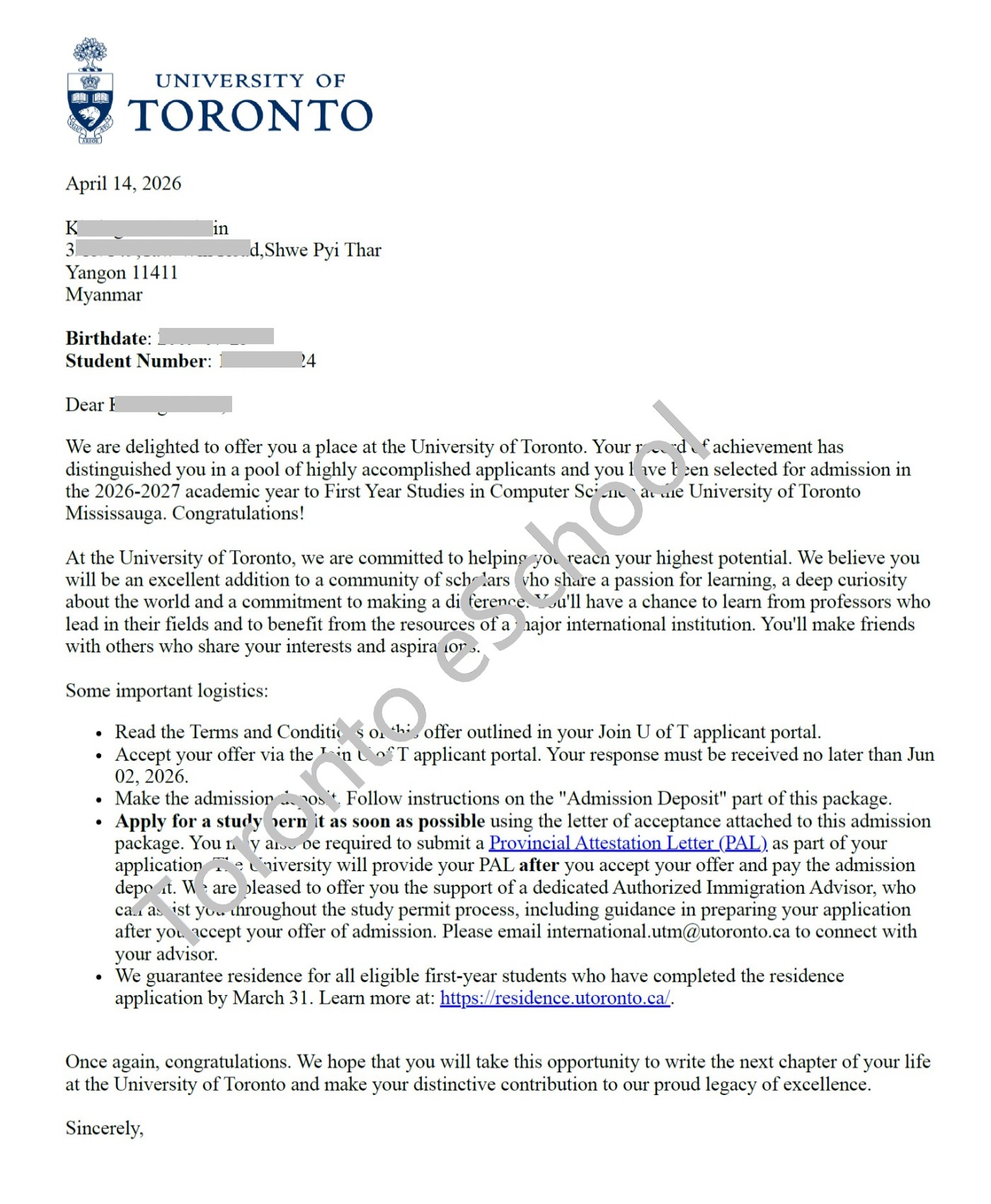 University of Toronto Computer Science Offer-TES